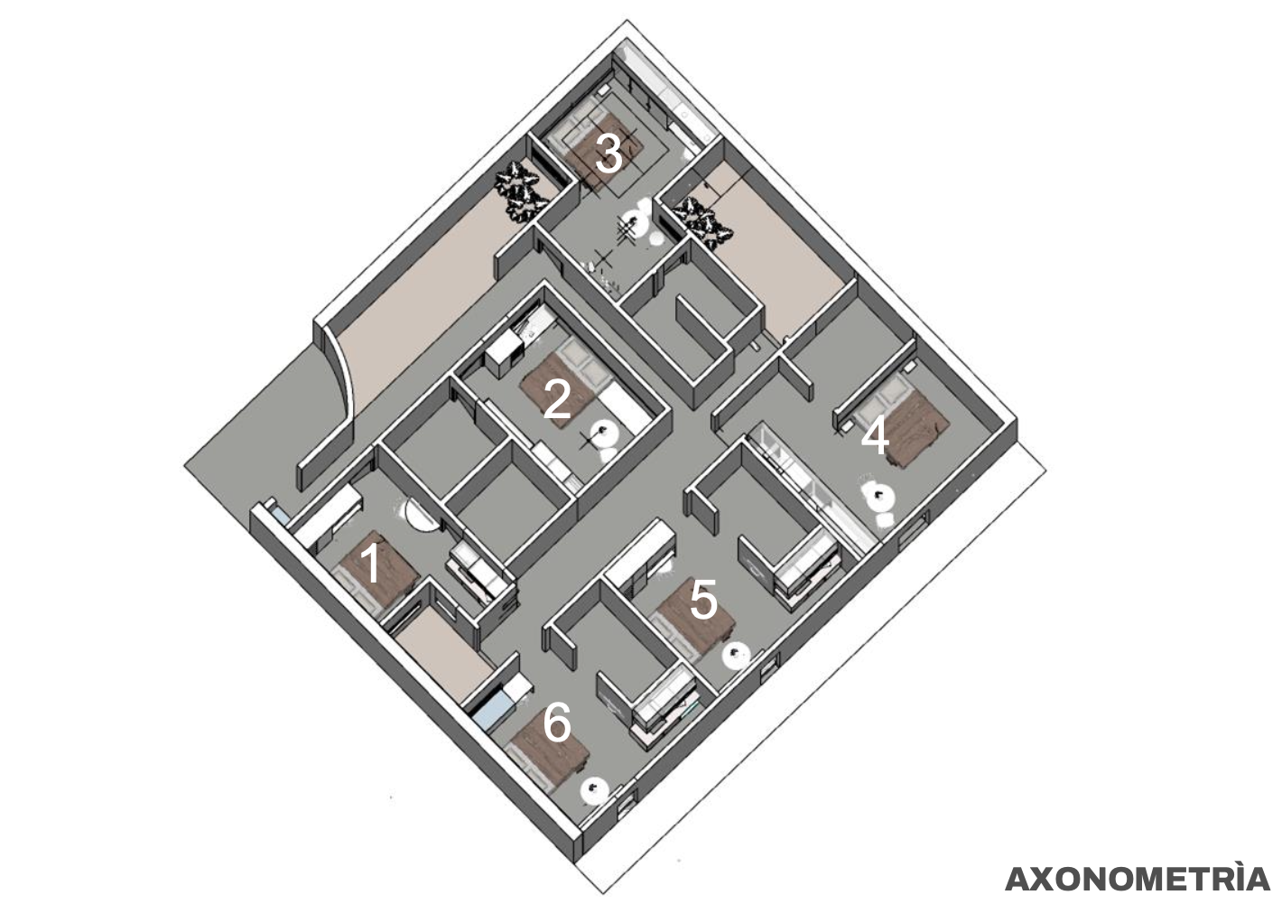 Axonometría mostrando subdivisión de oficina en 6 monoambientes