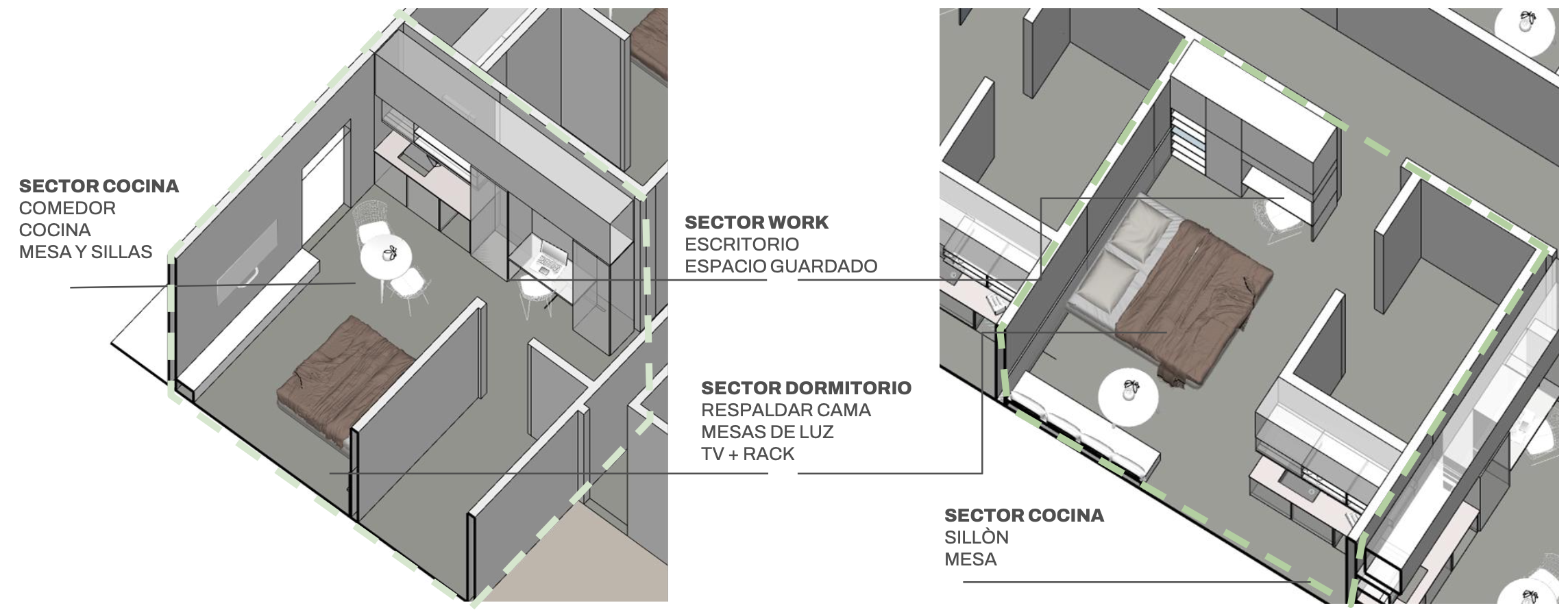 Axonometrías detalladas de diferentes layouts de monoambientes