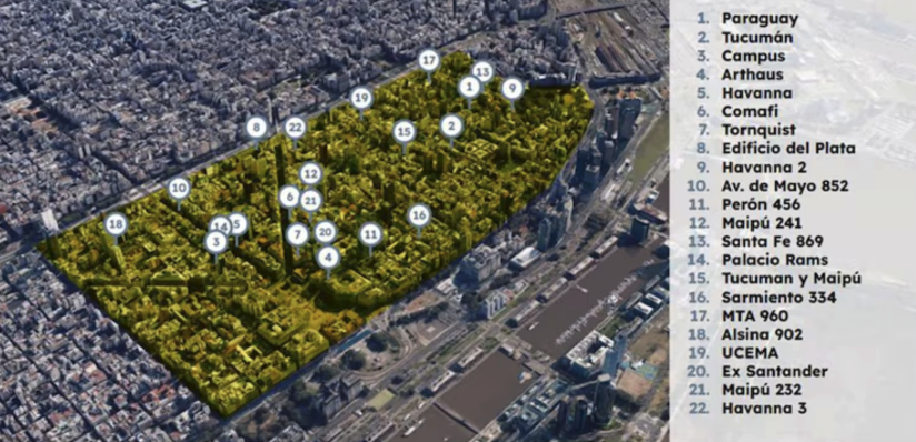 Mapa detallado del microcentro con proyectos numerados